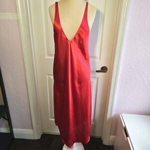 Cinema Etoile‎ Vintage Red Satin Long Chemise Deep V Front And Back Size M USA